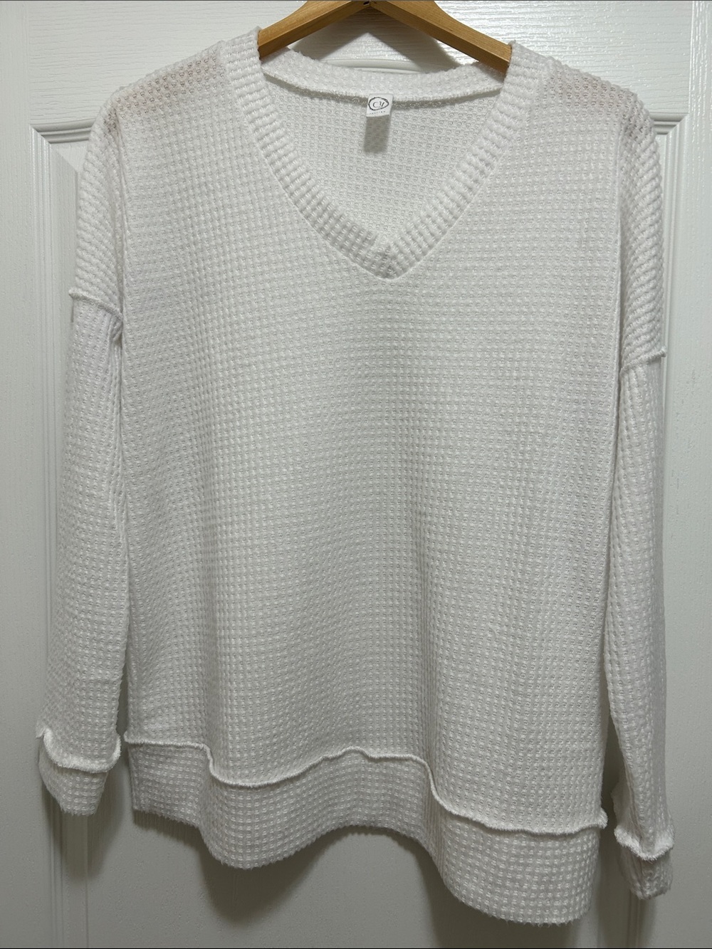 White V-Neck Waffle Knit Women's Sweater